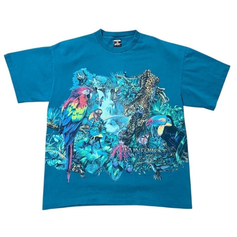 Vintage 90s Rainforest Habitat Birds Nature Animal Jungle Safari Art T-shirt